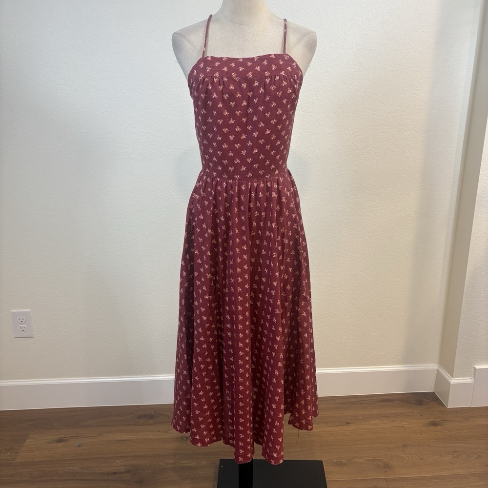 Vintage 70s Prairie Dress XS Burgundy Floral Cotton Open Back Cottagecore Midi